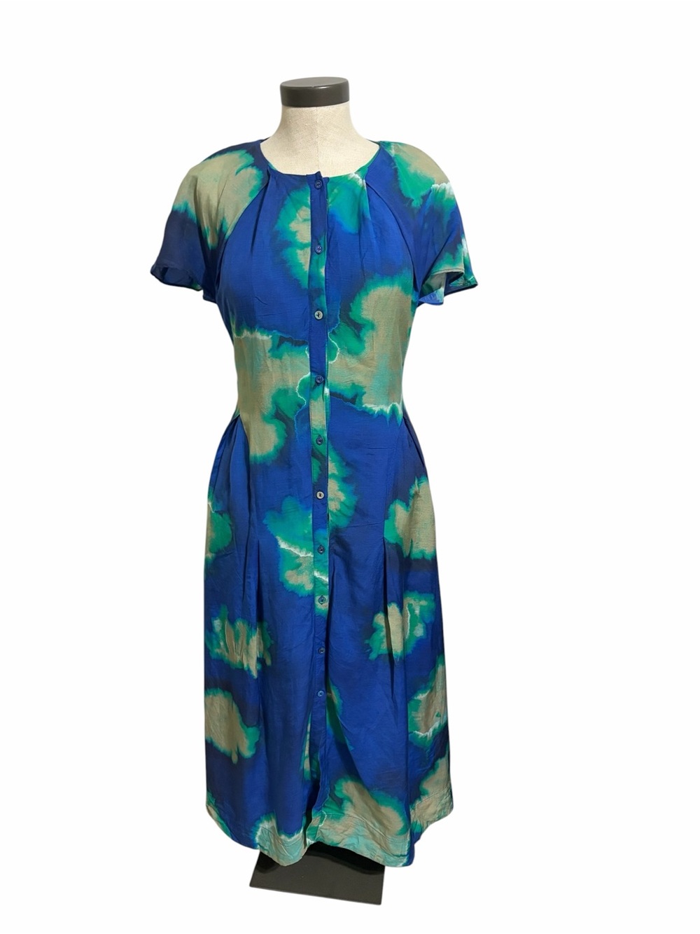 Poetry by Anthropology Blue & Teal Button-Front Maxi Dress SZ 10 Linen Blend
